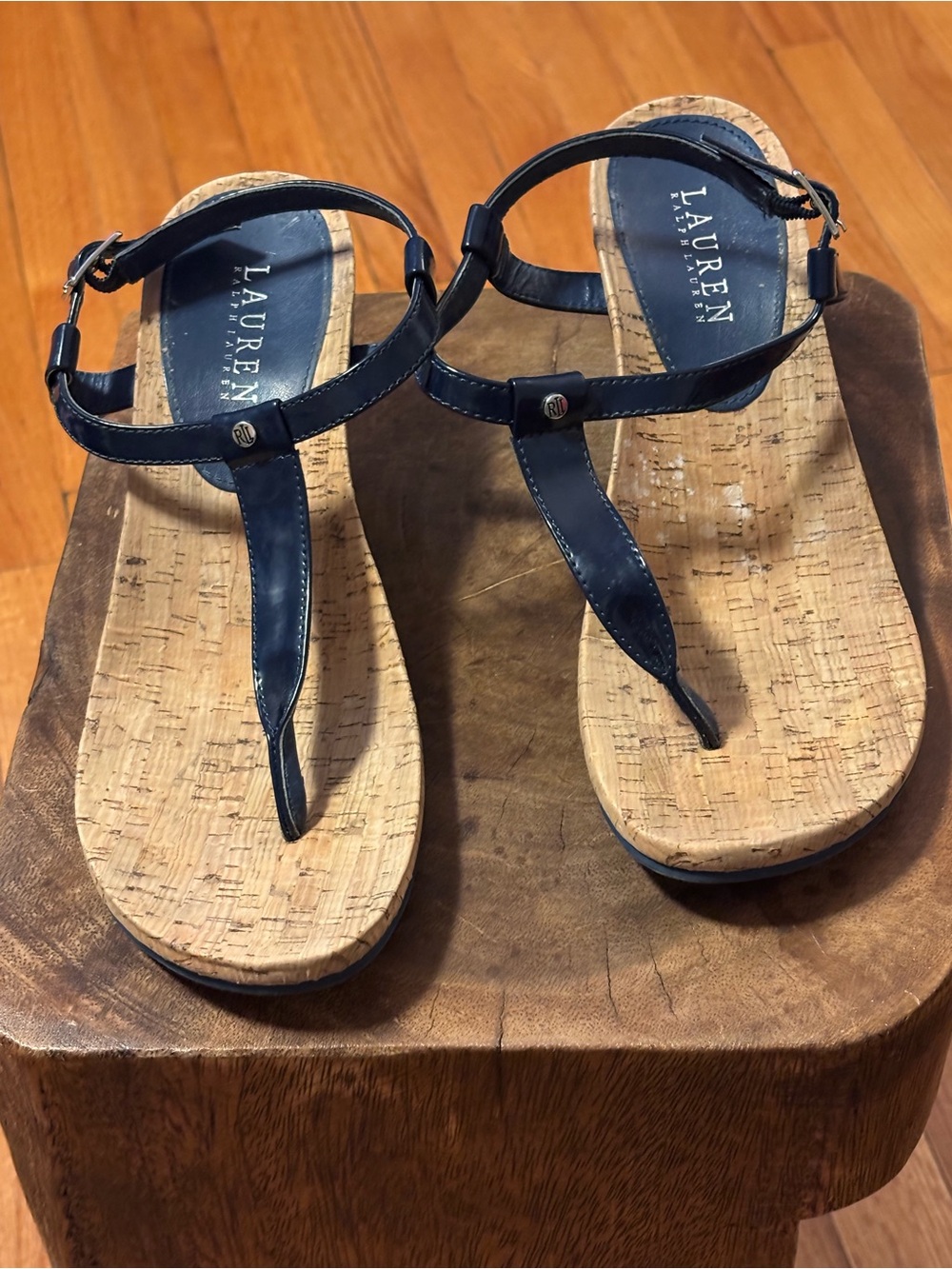 Lauren Ralph Lauren Rosalia Navy Patent Wedge Sandals Cork Footbed Size 9B